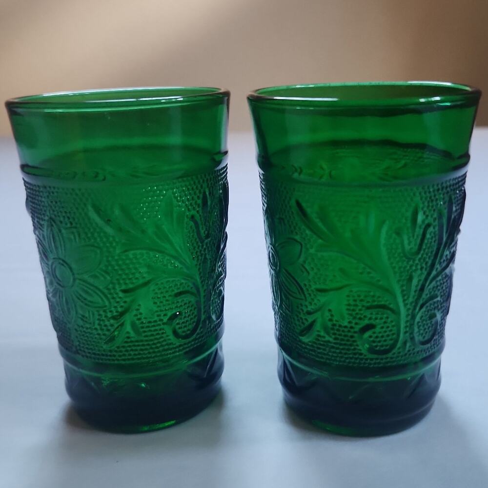 Vintage Anchor Hocking Sandwich Forest Green Juice Glasses Tumblers - Set of 2
